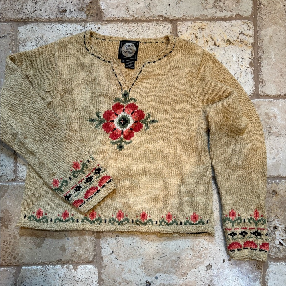 Planet Earth Yellow/ Beige Floral V-Neck Sweater